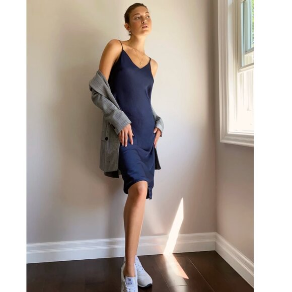 Aritzia Wilfred Only Satin Midi Slip Dress Navy Blue Size Medium - Picture 3 of 7